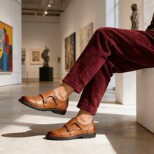 Zapatos de negocios para hombres, zapatos casuales para ir al trabajo, zapatos de monje con hebilla tallada tipo brogue, zapatos Oxford formales de oficina de moda - Amarillo Mostaza - Ver 1