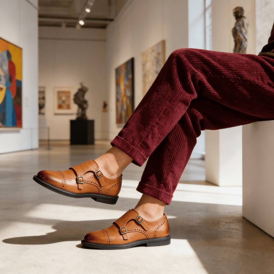 Zapatos de negocios para hombres, zapatos casuales para ir al trabajo, zapatos de monje con hebilla tallada tipo brogue, zapatos Oxford formales de oficina de moda - Amarillo Mostaza - Ver 1