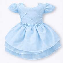 Baby Girl Princess Party Dress With Puff Sleeves, Pearl Appliqué, Layered Tulle Skirt, Lightweight, Full-Fashioned Fabric, Luxurious And Elegant, Defined Waist, Pearl Sash, Classic Style, Charming Look, Sophisticated Outfit, Delicate Appearance, Impeccable Finish, Soft Touch, High Quality, Shine, Comfortable Baby Clothes, Ideal For Christening, Birthday, Wedding, Christmas, New Year's, Ceremony, Special Gift, Photoshoot, Princess Baby Look, Timeless Piece,  Style, Feminine Look, Easy To Wear, Careful Sewing, Secure Closure, Beautiful, Modern, Glamorous Children's Clothing, Festive Look, Stylish Girl, Refined Appearance, Highlight, Important Occasion, Commemorative Outfit, Striking Presence, Complete Baby Look, Charming Piece That Conveys Sweetness And Sophistication, Outfit That Shines And Enchant Mothers And Guests - Màu xanh nhạt - Xem 8