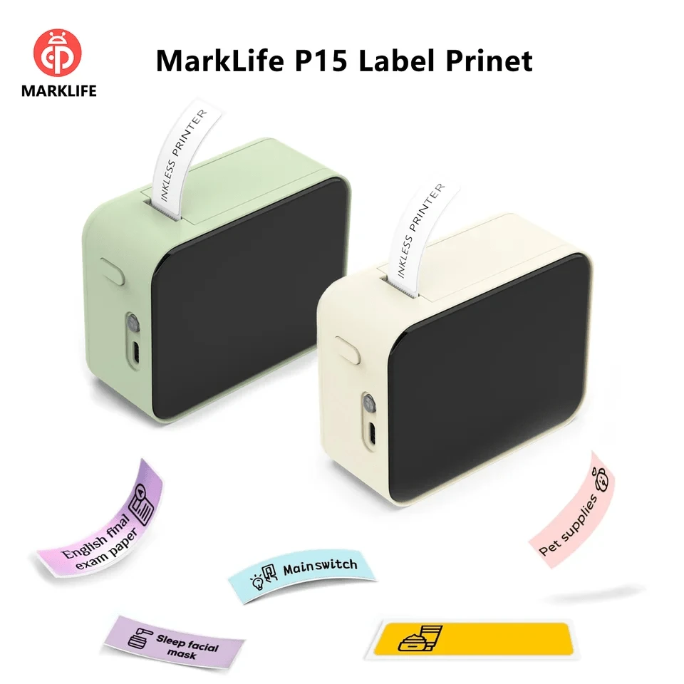 Marklife P15标签打印机，热敏标签打印机，便携式无线蓝牙标签打印机。可打印感谢卡、服装标签和产品标签。可通过USB充电，适用于办公室、家庭和厨房。附赠一卷打印纸。假期必备。
