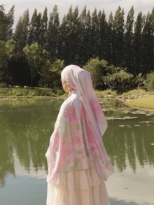 1件装女士花卉水彩印花头巾，印花头巾，波浪纹印花，双色波西米亚风格，数码水彩雪纺头巾，时尚百搭，多功能防晒围巾，可作头巾、腰带、披肩使用，适合所有季节，日常佩戴 - 彩色 - 查看 3