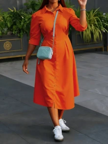 MOOD WOOD Plus Size Women's Fall/Winter New Year Collection Fitted Collared Shirt Dress Mid-Length Elegant White Single-Button Long Sleeve A-Line Skirt Casual Commuter Style - 橘色 - 查看 4