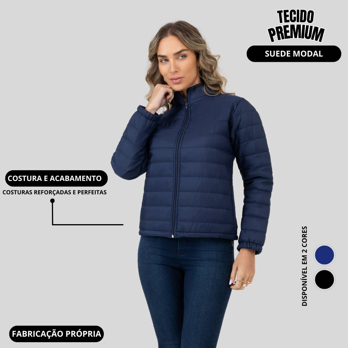 Women's Puffer Jacket, Warm Coat With Lining, No Hood - 藏蓝色 - 查看 1