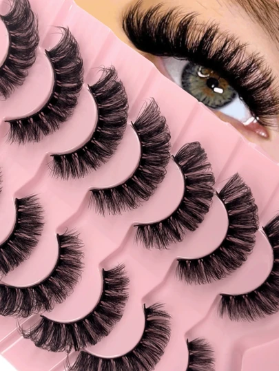 New 7 Pairs D Curl 3D Fluffy Cat Eye Lashes Mink Lashes Natural Soft False Eyelashes Dramatic Volume Lashes Wispy Hair Eyelashes Exquisite Makeup Effect