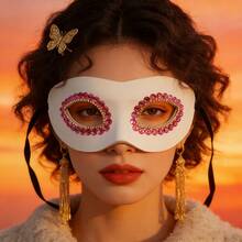 1pc Women's Halloween Carnival Music Festival Wedding Party Rhinestone Leather Mask - White - View 2