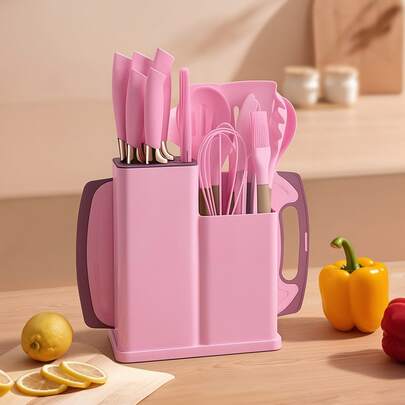 19-Piece Silicone Kitchenware Set With Storage Bucket, Cutlery, Knives, Wooden Handles, Daily Kitchenware, Vegetable And Meat Cutting Board Included.