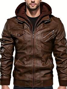 Men's Stylish Faux Leather Hooded Jacket, Windproof Warm PU Biker Coat For Spring, Autumn & Winter, Casual Streetwear With Multi-Pocket & Ribbed Hem, Detachable Hood Design For Versatile Year-Round Looks - Coffee Brown - View 1