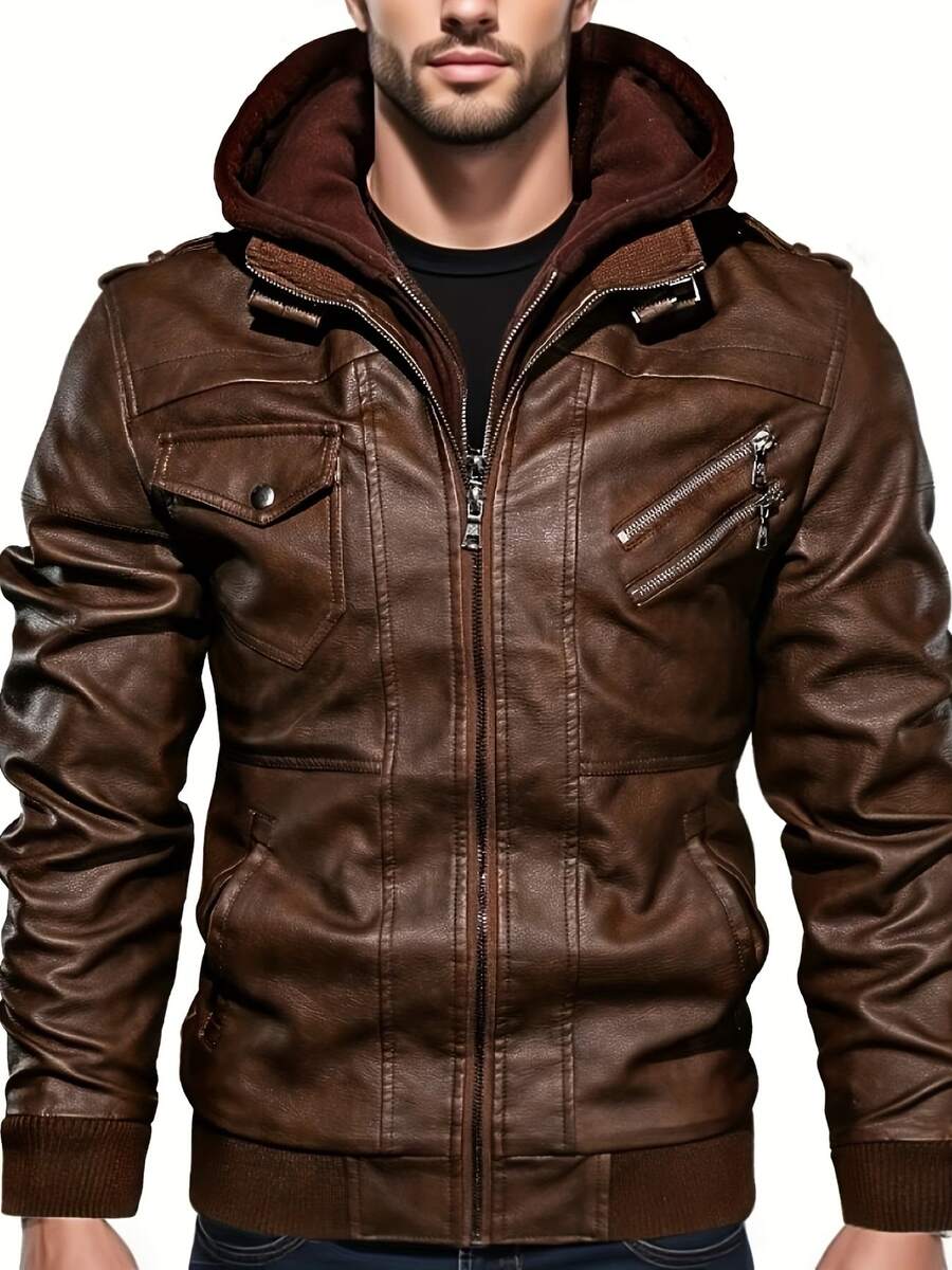 Men's Stylish Faux Leather Hooded Jacket, Windproof Warm PU Biker Coat For Spring, Autumn & Winter, Casual Streetwear With Multi-Pocket & Ribbed Hem, Detachable Hood Design For Versatile Year-Round Looks - Coffee Brown - View 1
