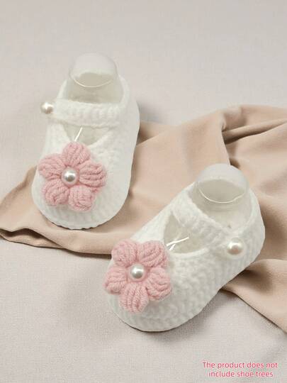 1 Pair Infant Christening Booties, White Pearl Knit Slippers, Infant Shoes