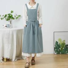 女士亚麻围裙，腰部可调节，轻便柔软，带口袋，适合园艺 - 彩色 - 查看 5