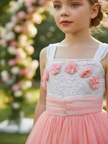 少女无袖露肩花卉贴花网纱腰部拼接长款时尚派对公主裙，适合婚礼、生日、晚宴等场合 - 粉色 - 查看 6