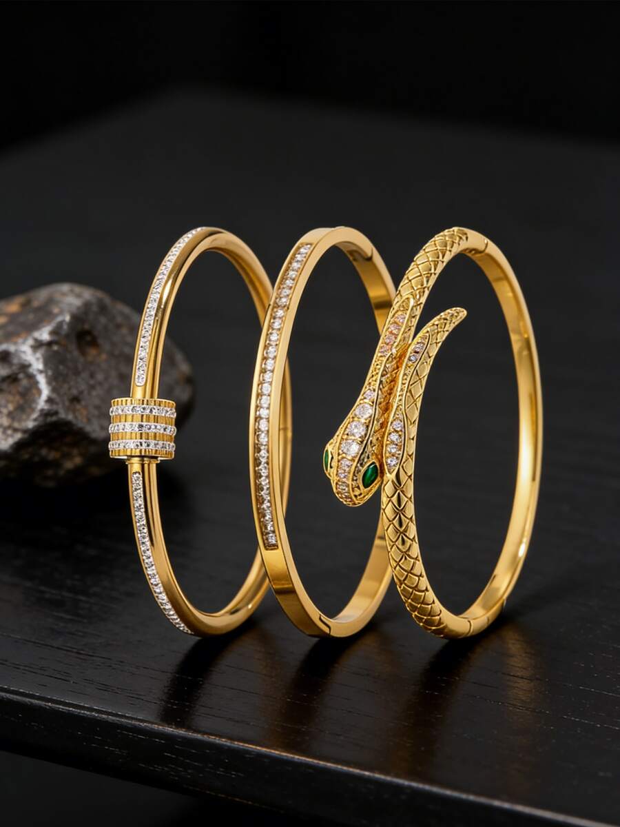 3/1pc - Three Pieces Bracelet Set With A Valentine's Day Theme, Featuring A Combination Of Stainless Steel And Copper, A Snake Design That Echoes The Chinese Zodiac, And Luxurious Details With Zirconia Settings. - Gold - View 1