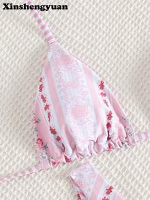 新盛源 2026 2件套/新年、情人节服装，可爱波西米亚粉色挂脖比基尼套装，优雅花卉条纹印花系带细节，高衩设计，欧美时尚，适合度假海滩和游泳池，可拆卸泳衣胸垫，节日服装，女士泳装，假日搭配服装，夏季阳光海滩服装，冬季温泉泳衣泳裤。 - 彩色 - 查看 4