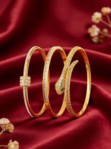 3/1pc - Three Pieces Bracelet Set With A Valentine's Day Theme, Featuring A Combination Of Stainless Steel And Copper, A Snake Design That Echoes The Chinese Zodiac, And Luxurious Details With Zirconia Settings. - Gold - View 2