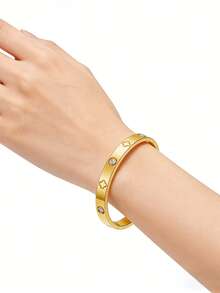 1pc Fashionable Stainless Steel Rhinestone Inlaid Bracelet For Women, Suitable For Daily Wear - Yellow Gold - View 6
