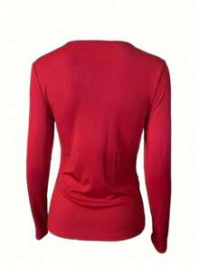 1pc Solid Color Ribbed Metal Chain Ribbed Metal Eyelet Long Sleeve T-Shirt, Casual Wear For Women, Spring/Autumn Red - Red - View 3