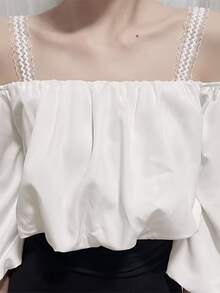 2 piezas Sujetador elegante y encantador con ribete de encaje, diseño de tirantes ajustables adecuado para estilo de hombros descubiertos, tirantes anchos con volantes, broche elástico antideslizante - Multicolor - Ver 4