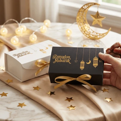 10个装开斋节快乐礼盒，带丝带，伊斯兰风格礼盒，开斋节派对装饰礼盒，快乐巧克力糖果盒，斋月装饰礼品包装盒，伊斯兰斋月节日派对用品