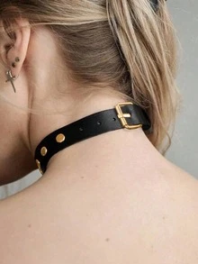 1pc Women's Sexy Choker Punk Necklace, Rockstar Gothic Style Black PU Leather Tassel Rivet Necklace, Bondage Bell Party Jewelry Accessory - Gold - View 4