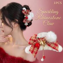 1pc Women's Lucky Plush Bow Hair Clip - Luxurious Elegant Non-Slip Sturdy, Suitable For Daily, Party, Wedding, Date And Other Occasions - Red - View 3