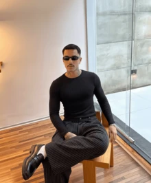 Men's Sweater, Long Sleeve, Ribbed Cotton, ESSENTIAL, Round Neck - 黑色 - 查看 3