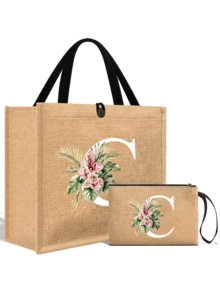 1个简约字母印花亚麻手提袋，情人节女友礼物，多功能便携亚麻手提袋，适合教师节、教师节、女士等场合，字母印花手提袋，化妆包，精美旅行沙滩包，可重复使用的购物袋，适合婚礼、生日、海滩、假日等场合。 - 彩色 - 查看 45