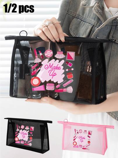 Mesh Cosmetic Bag With Pink Cosmetics, Nail Polish, And Powder Puff Pattern, Multifunctional Clip Cosmetic Bag, Headband, Red Air Cushion Storage Portable Storage Device, Cosmetic Bag, Skin Care Bag