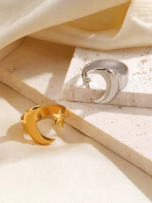 1枚时尚不锈钢星月开口戒指，简约不对称设计，适合女性日常佩戴 - 星月 - 查看 3