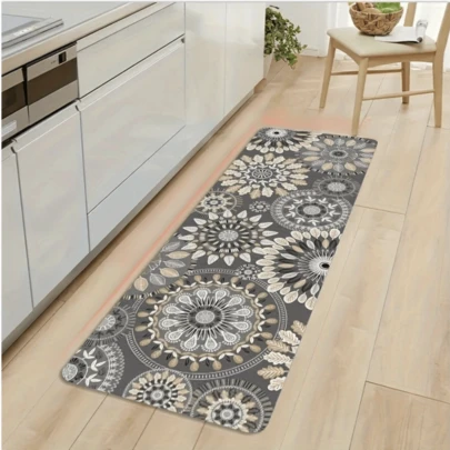 1 قطعة سجادة مطبخ بنقوش زهرية من النوع المندلي - سجادة أرضية ناعمة ومانعة للانزلاق وقابلة للغسل في الغسالة، ذات نقوش ذهبية وسوداء معقدة، مع ظهر وألياف بوليستر 100%، سجادة ديكورية خفيفة الوزن للمطبخ والحمام وغرفة الغسيل، سجادة مطبخ مانعة للانزلاق وقابلة للغسل، ديكور غرفة أنيق