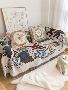Bohemian Style Keith Haring Graffiti Blanket, Soft Cotton Woven Blanket With Tassels, Modern Art Decorative Blanket For Living Room & Bedroom - A - View 11