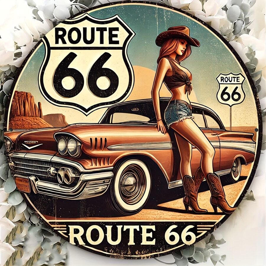 1pc 66 Route Vintage Metal Sign, 8x8 Inch Round Iron Wall Art, Retro Car & Cowgirl Design, Easy To Hang, Durable, Waterproof, Heat & Cold Resistant, Suitable For Home, Office Or Gift, Pre-Drilled Holes, As Shown In Size Image - Multicolor - View 1