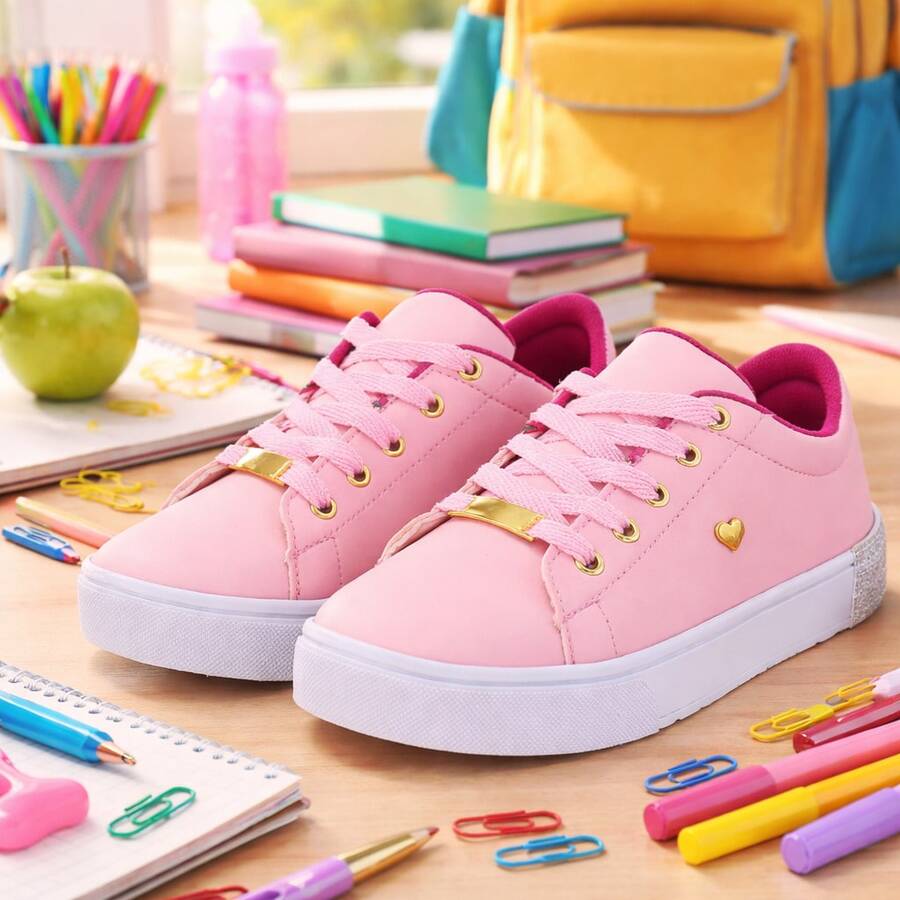 Tênis infantil Feminino Menina Colegial Escolar Com Gliter Confortável Leve Casual Antiderrapante - Rosa Bebê - Visão 1
