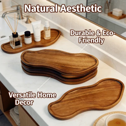 Natural Acacia Oval Asymmetrical Tray - Wooden Tray - Bathroom Countertop Storage Box, Suitable For Bathroom And Kitchen Sink, For Storing Items, Candles, Soap Dispensers, With Polished Natural Wood Grain Bathroom Sink Storage Rack, Room Decor, Living Room Accessories, Perfume Tray, Elegant Home Wooden Tray, Bathroom Accessories, Tray