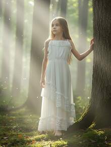 Tween Girl Lace Ruffle Patchwork Elegant Party Cocktail Dress - White - View 1