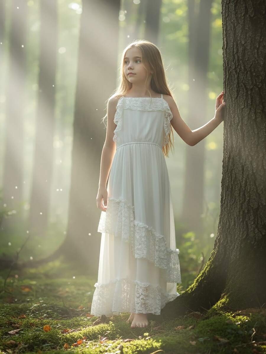 Tween Girl Lace Ruffle Patchwork Elegant Party Cocktail Dress - White - View 1