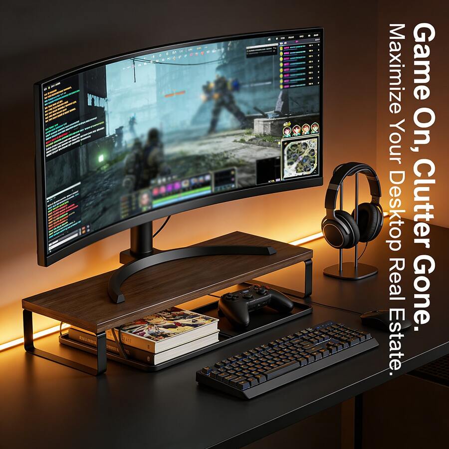 מתקן אחסון למסך מחשב מינימליסטי, צבע אגוז, שימוש כפול למשרד ולמשחקים - 50 ארוך מוגבה מוגבה - ראה 1