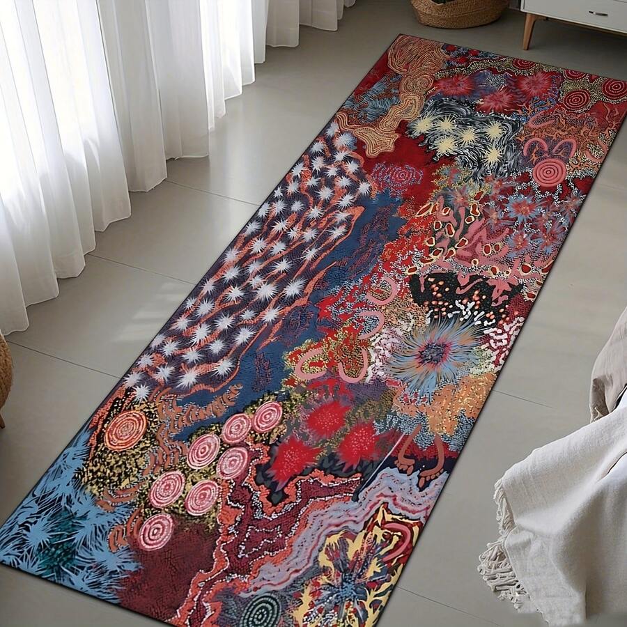 Thảm dài họa tiết hoa trừu tượng, thảm trải hành lang/lối vào với các màu xanh dương, đỏ, nâu tương phản, thể hiện các họa tiết hoa và xoắn ốc trừu tượng, nhiều kích cỡ khác nhau, thảm trải sàn, thảm, thảm dài, thảm trang trí nhà cửa, thảm trải sàn, thảm phòng khách, trang trí nhà cửa phòng khách, trang trí phòng, thảm có thể giặt được. - Nhiều màu - Xem 1
