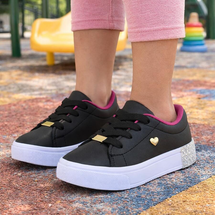 Tênis infantil Feminino Menina Colegial Escolar Com Gliter Confortável Leve Casual Antiderrapante - Preto - Visão 1