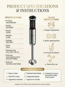 SOKANY 02009 Multi-Function Electric Stirring Rod, Stainless Steel Blades, Suitable For Mixing Soups, Milkshakes, Puree Foods, Comes With Milk Frother, Egg Beater, Chopper And Measuring Cup Accessories, Ideal For Making Soups, Milkshakes And More - View 4