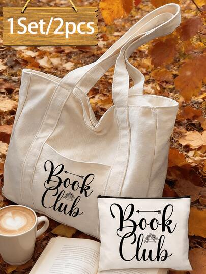 Bolso de compras casual de gran capacidad en beige, con patrón de libro y la letra "BOOK CLUB" en un estilo minimalista. Bolso escolar, bolso de libros, de gran capacidad, portátil, para adolescentes, mujeres, estudiantes universitarios, trabajadores de cuello blanco. Perfecto para el trabajo, vuelta al colegio, escuela secundaria, universidad, vacaciones, regalo para el Día del Maestro.