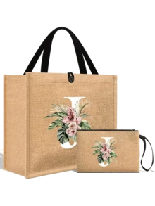 1个简约字母印花亚麻手提袋，情人节女友礼物，多功能便携亚麻手提袋，适合教师节、教师节、女士等场合，字母印花手提袋，化妆包，精美旅行沙滩包，可重复使用的购物袋，适合婚礼、生日、海滩、假日等场合。 - 彩色 - 查看 43