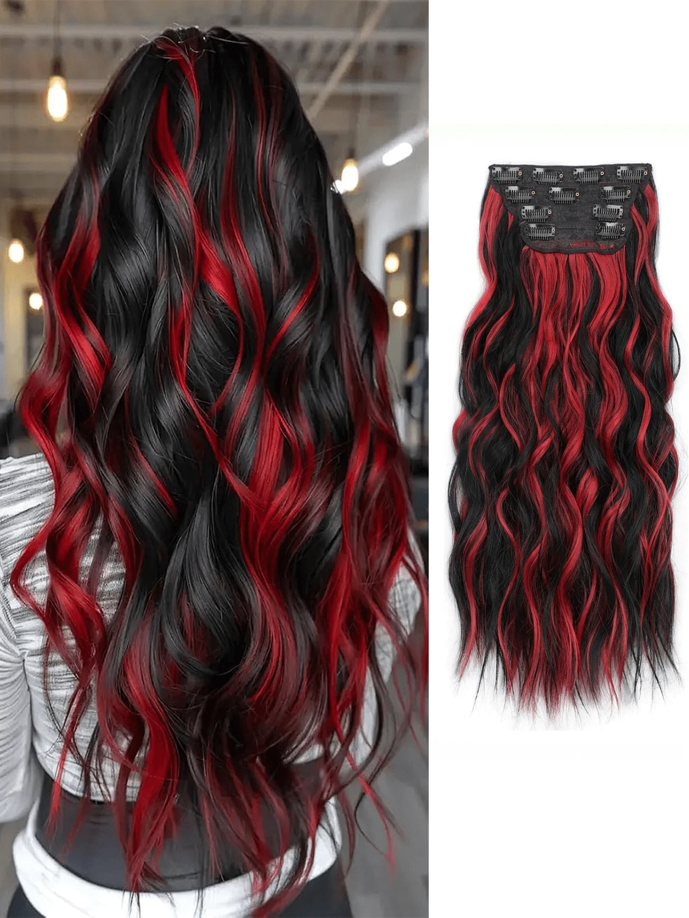 Clip-In Synthetic Hair Extensions Long Wavy 4PCS Thick Hairpieces Double Weft Natural Hair Extensions For Women - Red and Black - View 1