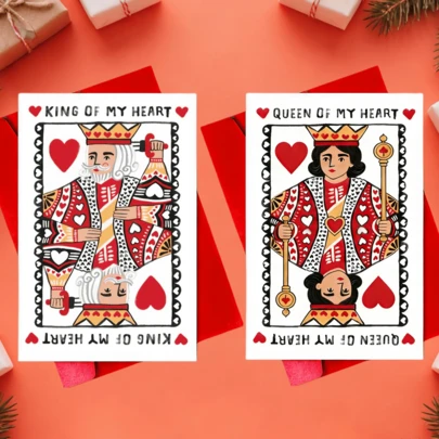 1pc Funny King Of My Heart Playing Card Design Anniversary Greeting Card Valentine's Day Card, Cartoon Love Theme Paper Card, For Husband, Wife, Boyfriend, Girlfriend, Best Friends, Suitable For Valentine'S Day And Any Occasion Funny Queen Of My Heart Playing Card Design