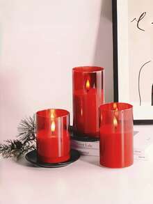 This 3-Piece Acrylic Flameless Candle Set Features Upgraded Realistic Flickering Flames, A Remote Control, And A Timer. It's A Battery-Powered LED Columnar Candle Set Suitable For Weddings, Birthdays, Valentine's Day, Restaurants, Parties, And Home Décor. - Red - View 4