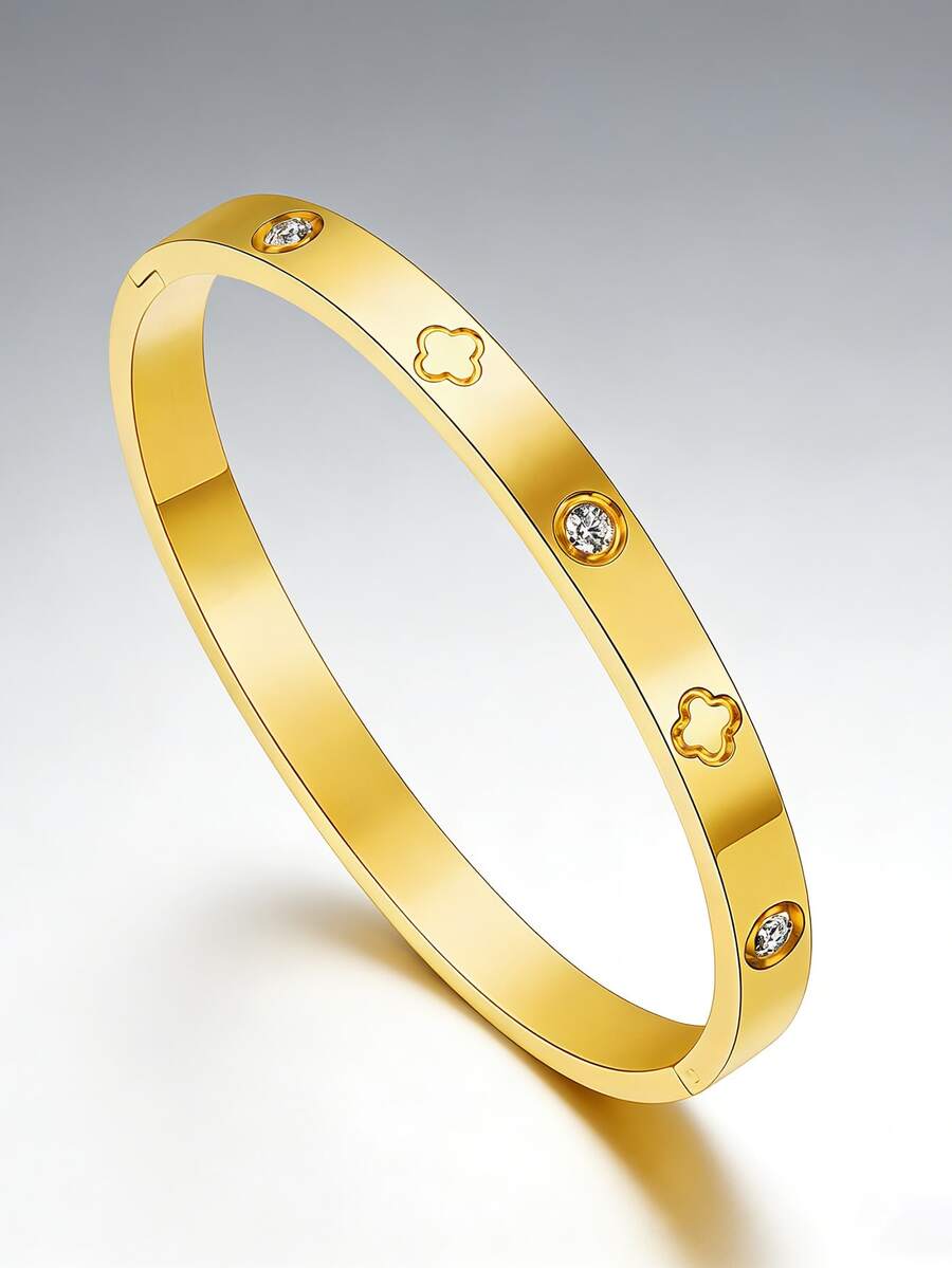1pc Fashionable Stainless Steel Rhinestone Inlaid Bracelet For Women, Suitable For Daily Wear - Yellow Gold - View 1