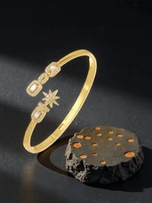 1件/1套 2件装 时尚百搭镶钻闪亮星星开口戒指和手链套装，女士日常/节日/派对配饰，开斋节/宰牲节礼物 - 鋯鑲閃耀矩星星 - 查看 7