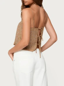 Women Y2K Sparkly Rhinestone Cami Crop Top Spaghetti Strap Sleeveless Going Out Party Club Top - Khaki - View 5