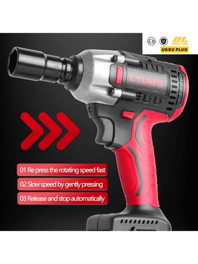 LYUWO Llave eléctrica sin escobillas de alto par de 420N.M, adecuada para reparación automotriz y mantenimiento de soporte de escenario. Reversible, se puede equipar con brocas, de doble propósito, con luz LED. Incluye brocas y accesorios.