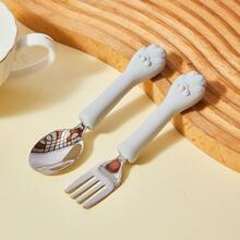 1 Set Of 2 Cat Paw Shaped Silicone & Stainless Steel Fork & Spoon Set, Baby Self-Feeding Training Cutlery, Children Tableware Spoon - Multicolor - View 11