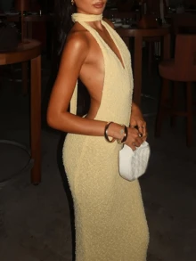 金色露背吊带系腰针织连衣裙，女士时尚优雅沙滩度假针织连衣裙，舒适休闲派对晚礼服，纯色长款连衣裙，适合夏季婚礼穿着 - 金色 - 查看 8